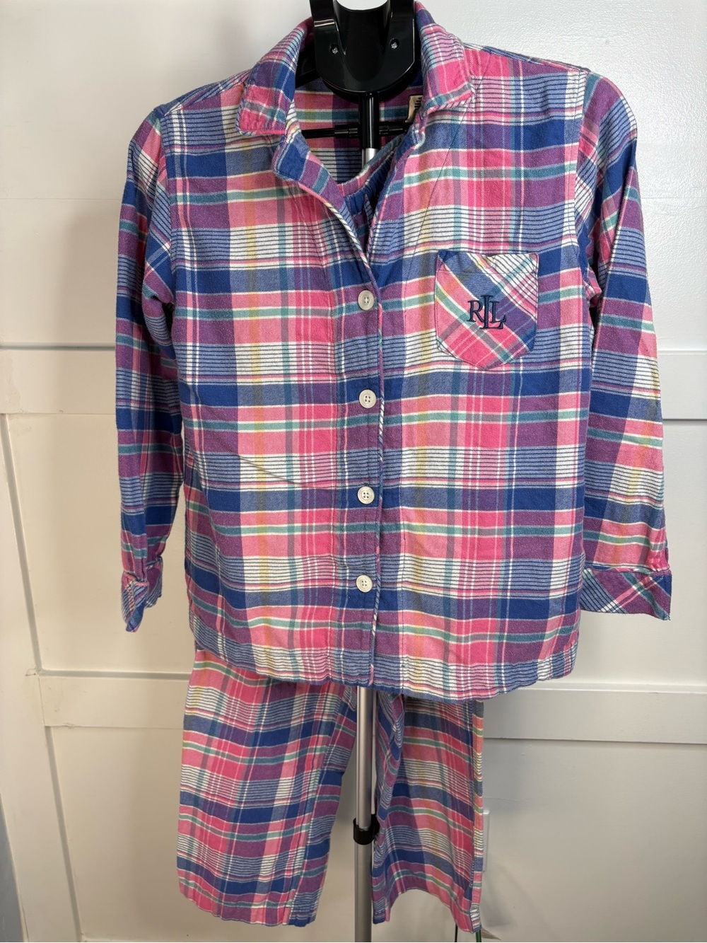 Ralph Lauren Pink and Blue Plaid Pajama Set with Monogram Pocket